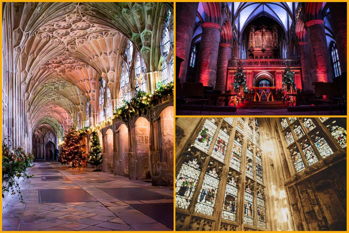 Collage of images of Gloucester Cathedral with Christmas decorations.